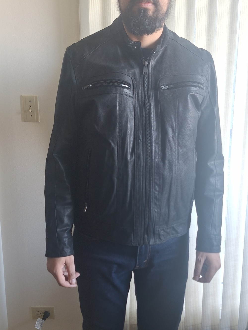 Black Rivet Men's Black Leather Zip-Front Bomber Jacket